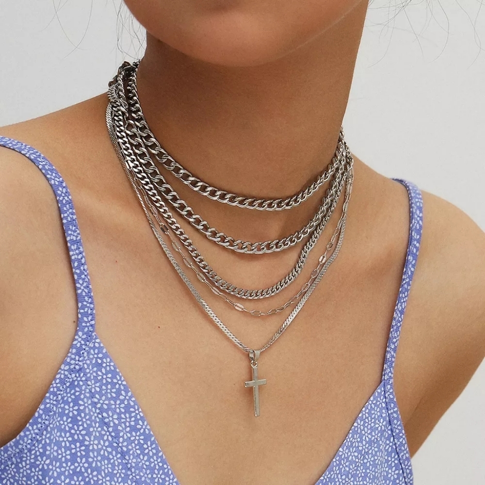 Silver Multilayer Cross Necklace - Picture 2 of 9